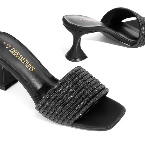 Rhinestone Flared Heel Sandals - BLACK - 3